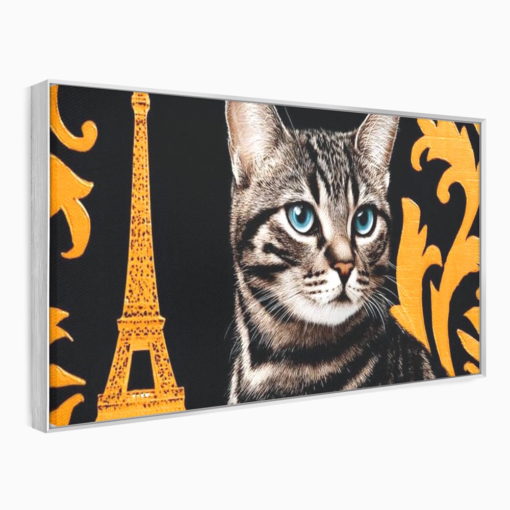 Tablou canvas cu tablou canvas cu pisica si turnul eiffel, in rama de aluminiu argintiu